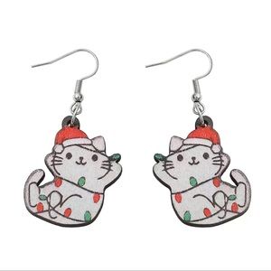 NIP Christmas Cat With Santa Hat wrapped in Lights Wooden Earrings